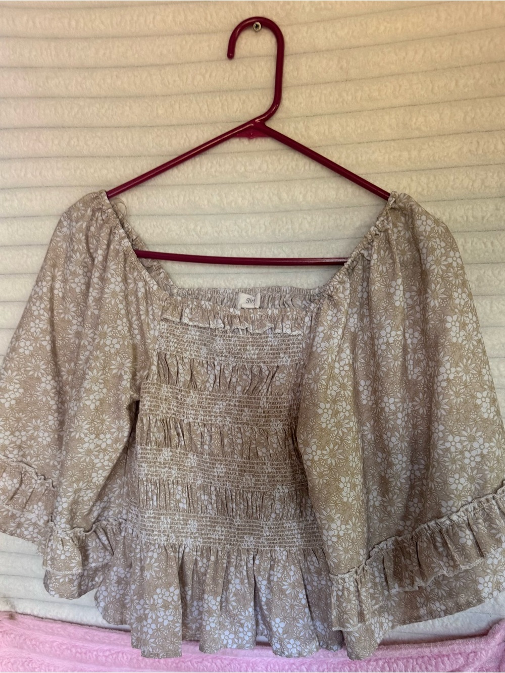 Beige Floral Smocked Square-Neck Blouse